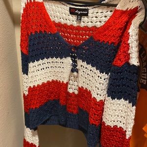 red white and blue sweater with buttons